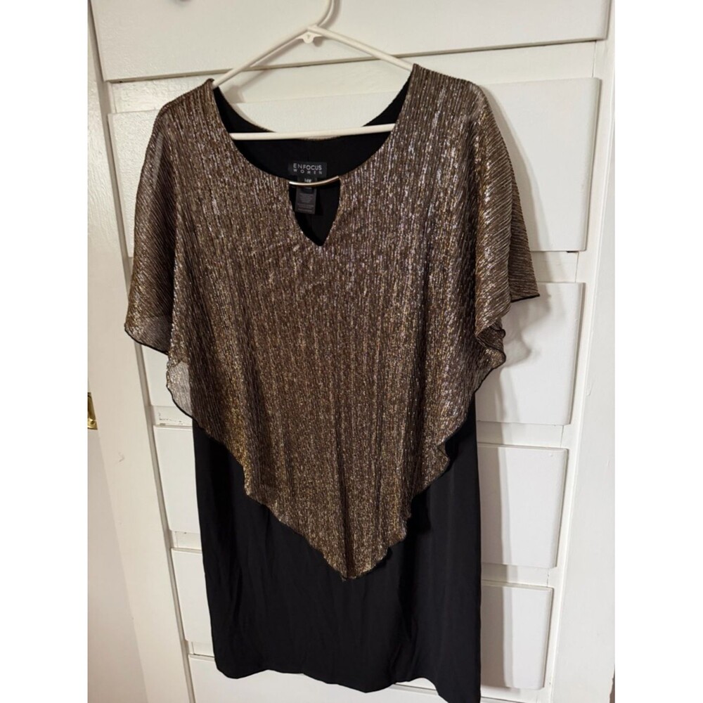 Enfocus Studio Black Midi Dress with Shimmery Gold Overlay